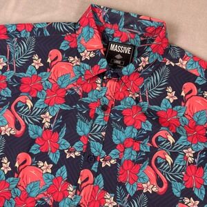 Massive Mens Flamingo Hibiscus Tropical Print Button Down Shirt Navy Blue Large